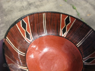 Vintage Mucahua pottery bowl for Chi Cha drink, Quichua Indians, ( Kichwa Indians ), Ecuador, Amazon Rainforest, fine line hand painting, lacquered with tree resin, I bought this from a woman she  ...