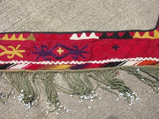 Antique Lakai embroidery, segosh with glass beads, Uzbekistan, early 20th century, the longest arm is about 34 inches long, suzani work, staining and color run, shipping in the US is $8.00  