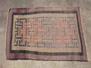 Vintage Swedish Rya shag pile rug, hand knotted wool on cotton, Chinese fret design, variegated threads in soft red, blue, and purple on a gray background, ca. 1950's - 60's when pan  ...