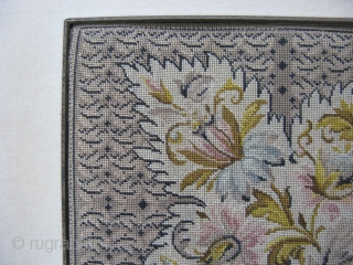 Antique English micro petit point, hand embroidered silk, ca.1860, 5.5x6 inches, an amazing 34 stitches per linear inch, about 1156 stiches per square inch, and approximately 38 thousand stitches to make the  ...