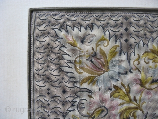 Antique English micro petit point, hand embroidered silk, ca.1860, 5.5x6 inches, an amazing 34 stitches per linear inch, about 1156 stiches per square inch, and approximately 38 thousand stitches to make the  ...