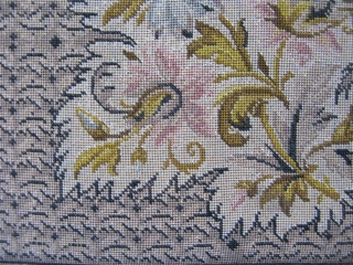 Antique English micro petit point, hand embroidered silk, ca.1860, 5.5x6 inches, an amazing 34 stitches per linear inch, about 1156 stiches per square inch, and approximately 38 thousand stitches to make the  ...