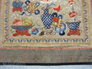 Antique Chinese table runner / alter cloth, hand embroidered silk on beige silk damask with cloud motifs, embroidery techniques include satin stitch, long and short stitch to create color shading, couching of  ...