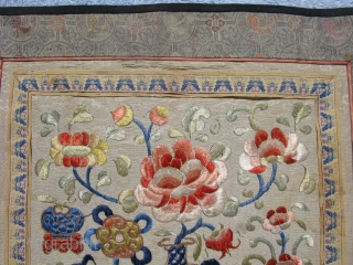 Antique Chinese table runner / alter cloth, hand embroidered silk on beige silk damask with cloud motifs, embroidery techniques include satin stitch, long and short stitch to create color shading, couching of  ...