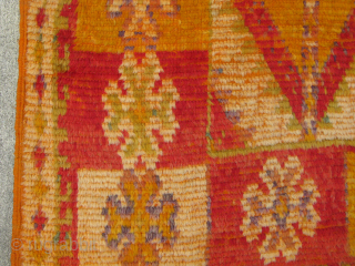 Semi-Antique Moroccan rug, hand knotted wool, ca 1950's, orange and red with pale purple, green, yellow, I love the square central medallion surrounded by animals that look like camels to me, Worn  ...