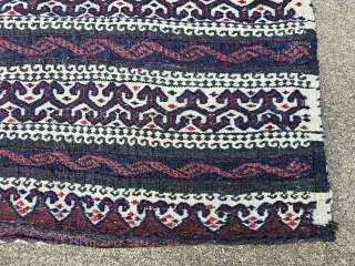 Tribal storage bag, Baluch People, Afghanistan, hand woven wool and goat hair, plain weave kilim and weft float brocade, general good condition with dog eared corner, the approximate measurements are 15 x  ...