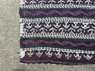 Tribal storage bag, Baluch People, Afghanistan, hand woven wool and goat hair, plain weave kilim and weft float brocade, general good condition with dog eared corner, the approximate measurements are 15 x  ...