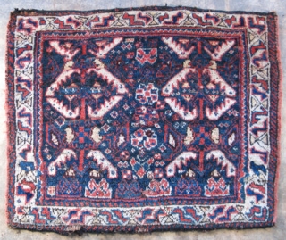 Khamseh bag face, S.W. Persian, early 20thC, stylized animal and tree border, hand knotted wool, general good condition, size 27in x 34in, #1812
          