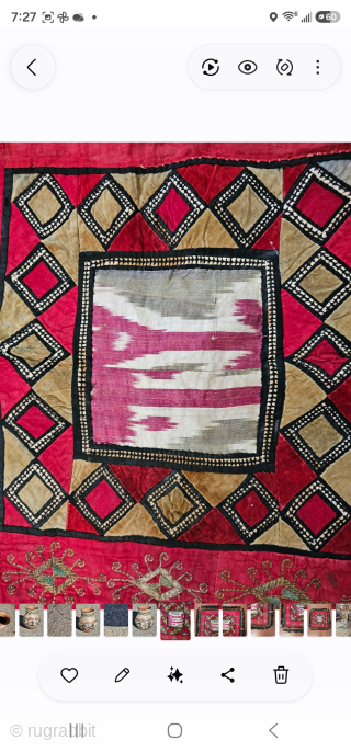 Uzbek mirror cover, hand woven silk ikat, cotton patchwork, metal thread couching with Kyrgyz ? influence in the boarder, general good used condition with some wear and staining, some missing fringe, the ...