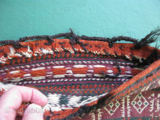 Semi-antique Baluch money bag, Pul Donneh, hand woven wool, goat hair selvage, cowrey shells, weft float brocade, both sides with pattern, Afghanistan ca. mid 20thC, general good condition with small dings, missing  ...