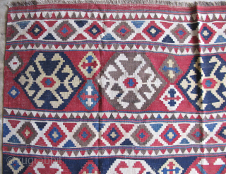 Antique Caucasian Kilim rug, hand woven wool, Caucasus Mountains, ca.1900, Shirvan or Kazak, some areas of restoration, stains, kilim rugs are flat woven tapestry weave rugs without pile, the approximate size is  ...