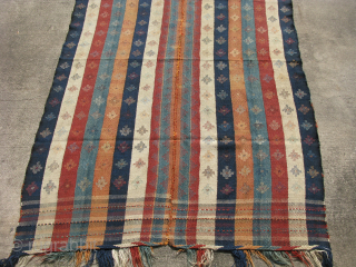 Qashqai or Luri cover, jajim, hand woven wool on wool twill tapestry weave, sw Iran ca. 2nd Qtr 20thC, original selvages and beautiful end finish, good condition, woven in 2 panels and  ...