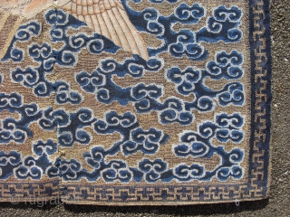 Antique Chinese textile, Mandarin square, civil rank badge, the round head, tan color, and "comma" shaped feathers on the back identify the bird as a Wild Goose, 4th Civil rank, hand woven  ...