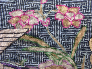 Antique Chinese textile, rank badge, mandarin square, with applique silver pheasant, 5th civil rank, and applique red sun, hand embroidered silk and gold and silver threads, fine petit point with an average  ...