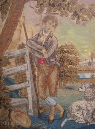 18thC English needlework picture in a pastoral scene, hand woven wool and silk, embellished with paint, England, ca.1795, This young gentleman in his typical late 18thC dress, can certainly be none other  ...