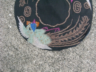 Antique Chinese rondel, hand embroidered silk on black silk, 2 opposing phoenix birds in the round, late 19thC / early 20thC general good antique condition with some loss, the approximate size is  ...