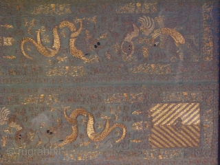 Antique Chinese embroidery sleeve bands, from a short "dragon" robe, last QTR 19thC, mostly couching of gold and metal threads on silk, some silk embroidery, the very straight deep water symbols of  ...