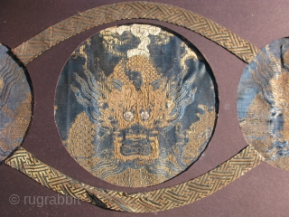 Antique Chinese embroidery dragon robe fragments for nobility, hand woven silk and metal threads, Qing Dynasty, Ch'ing Dynasty, they have 19thC cloud designs above the heads, prior to 1880, a combination of  ...