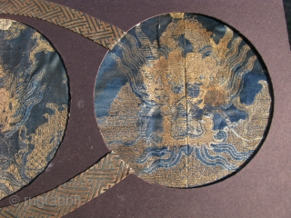 Antique Chinese embroidery dragon robe fragments for nobility, hand woven silk and metal threads, Qing Dynasty, Ch'ing Dynasty, they have 19thC cloud designs above the heads, prior to 1880, a combination of  ...
