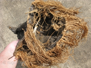 Vintage African Makishi dancer mask, Zambia, Chokwe People?, hand woven raffia with raised relief, on a metal frame, hand painted, some missing raffia, it is flattened, the tip of the top is  ...