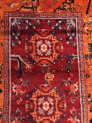 Tibetan rug, size 162*86cm. Hand made antique Tibetan rug, beautiful bright color ,flowers pattern. It with good age and condition no any repair.wool warp cotton weft.       