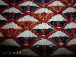 Sweet little Turkoman bag in white goat hair. All over motifs on front and back in red, rust and indigo. The second photo is the reverse. 36cm square. Couple of small repairs  ...