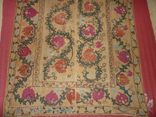 Nim Suzani. Bokhara. Third quarter 19th century. 4 panels. Silk on cotton. Some small repairs and holes in cotton. Small losses to black. Delicate and refined, extremely light. 40 x 63 inches. 