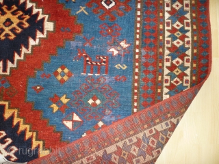 Dated antique kazak. Well executed and crisply drawn. Good weave. Floppy handle. Plenty of floor use left in the piece. Minor spots of repiling that could have been done better. Size 78  ...