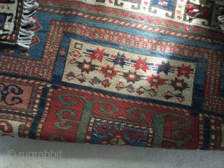 Late 19th early 20 th Caucasian with lots of Karachov features. Super thick lustrous wool. Some great colours and abrash. Love the striking design too. Small areas of repiling. Edges secured with  ...