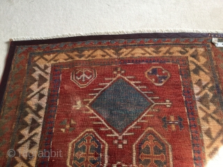 Sweet little Bordjalou. At this size and design it is usually more common to see prayer rugs. Some nice variation in the field. Repaired tear across the Middle. Bit of run on  ...