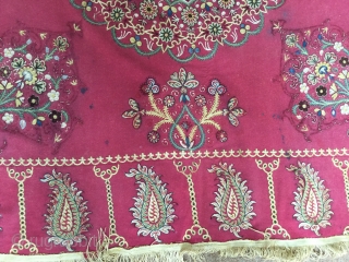 Sumptuous resht embroidery. Stunning work. Some issues on the backing cloth with some stains and small holes. Fringe needs securing in places. Some corrosion of the black. 134cm square    