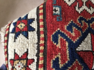 Sweet little kazak prayer rug dated 1902 or 3. Good condition. Simple and effective design. Good weave. 58 by 38 inches. Small area of repile on bottom left of the rug.  