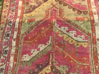 Sweet little Kirsehir from 19th century. Wonderful range of colours, green and yellows especially. Some wear and reductions at the end. Ask for more info if needed 105 by 142 cm  