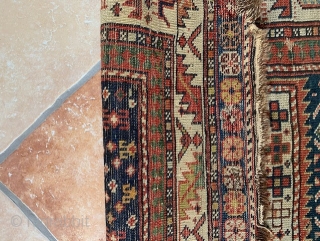 Interesting Daghestan prayer rug. Great colours especially in the border. Lots of intriguing animals and icons. Love the change of pattern in the field. Some holes and fraying of edges   