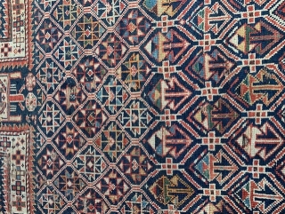 Interesting Daghestan prayer rug. Great colours especially in the border. Lots of intriguing animals and icons. Love the change of pattern in the field. Some holes and fraying of edges   