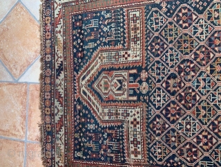 Interesting Daghestan prayer rug. Great colours especially in the border. Lots of intriguing animals and icons. Love the change of pattern in the field. Some holes and fraying of edges   