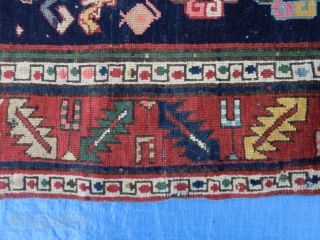 19th century kazak with strong armenian influences. Very unusual design. Subtle yet striking. Super borders. Broad array of colours. One tear in the end and one old repair also in the end,  ...