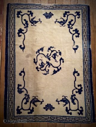 Antique Chinese Rug, 168x122cm (66"x48")
Ca. 1850 or earlier?,
Very iconic design. 
Not in perfect condition but still beautiful.
Some small worn areas mostly in dark blue. 
Missing narrow borders on both sides

   