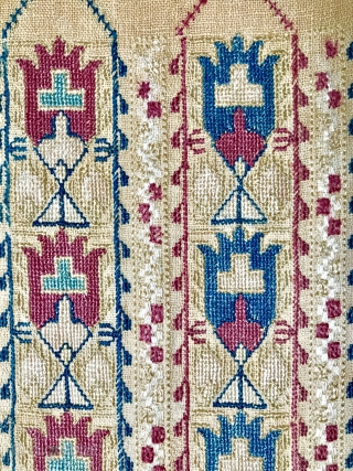 Late 18 century Greek Island silk embroidery. 22” x 12” ( 30 x 55cm ) approximately.                 
