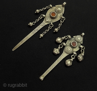 A Sets od Turkmen Antique Silver Ear Stick and Toothpick Collection and with old Carnelian. Circa - 1900 Size - ''12 cm x 3.5 cm / 10 cm x 3 cm'' -  ...