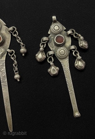 A Sets od Turkmen Antique Silver Ear Stick and Toothpick Collection and with old Carnelian. Circa - 1900 Size - ''12 cm x 3.5 cm / 10 cm x 3 cm'' -  ...