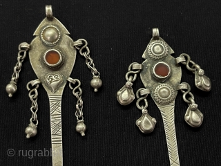 A Sets od Turkmen Antique Silver Ear Stick and Toothpick Collection and with old Carnelian. Circa - 1900 Size - ''12 cm x 3.5 cm / 10 cm x 3 cm'' -  ...