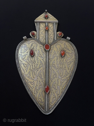 Central-Asian Antique Turkmen - Tekke Tribal Silver Pendant Asyk Fire Gilded with Carnelian Original Ethnic Traditional Turkoman Art Jewelry. Great Condition Circa - 1900 Size - ''29.5 cm x 16 cm'' -  ...