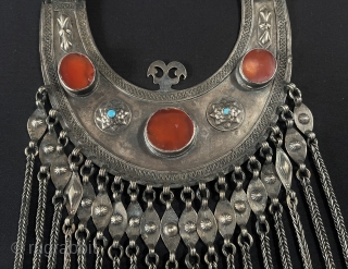 Central - Asian Antique from Afghanistan Tribal Silver Wedding Necklace Jewelery with Carnelian and Turquoise & Hanging Decorative Jewelry. Afghan Art Collector Jewelery. Circa - 1900 or earlier Fine Condition ! Size  ...