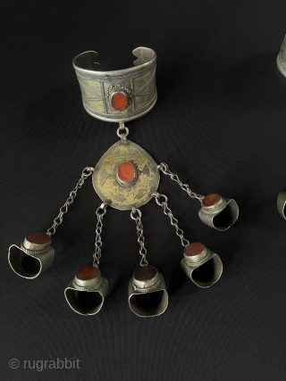 A pair of Antique Turkmen Tribal Silver Cuff Bracelets & Basilisk Gilded and with Carnelian Old Silver Rings.This Turkmen Art Collector Jewelry. Circa - 1900 or earlier Size - Bracelets - ''6  ...