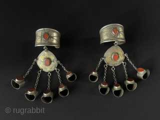 A pair of Antique Turkmen Tribal Silver Cuff Bracelets & Basilisk Gilded and with Carnelian Old Silver Rings.This Turkmen Art Collector Jewelry. Circa - 1900 or earlier Size - Bracelets - ''6  ...