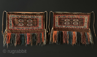 Antique Turkmen Yomud pair of Torba with backing. Great saturated natural colors and all wool and very fine condition. Size - ''60 cm x 53 cm'' turkmansilver@gmail.com      
