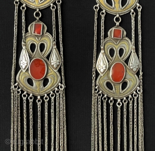 Central - Asian A pair of Antique Turkmen Tribal İskendery Design Silver Headpiece & Hair Jewelry Gold Washed with Carnelian. Turkmen Art Costume Jewelry Accessories. Great Condition ! Size - ''30 cm  ...