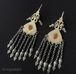 Central - Asian A pair of Turkmen Traditional Silver Wedding Earrings & Turkmen girl's Using for Ceremonial Days. Fire Gilded With Carnelian Circa - 1900 Good Condition ! Size - ''21.5 cm  ...