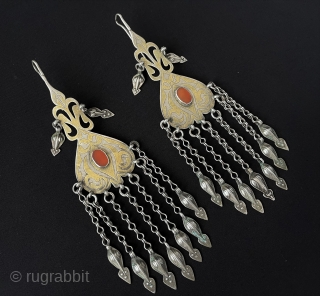 Central - Asian A pair of Turkmen Traditional Silver Wedding Earrings & Turkmen girl's Using for Ceremonial Days. Fire Gilded With Carnelian Circa - 1900 Good Condition ! Size - ''21.5 cm  ...